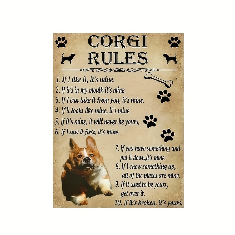 CCPARTON Targa Metallica In Stile Retrò 'Regole Del Corgi' | Alluminio, 20,3 X 30,5 Cm | Decorazione Umoristica Per Casa, Bar, Ufficio