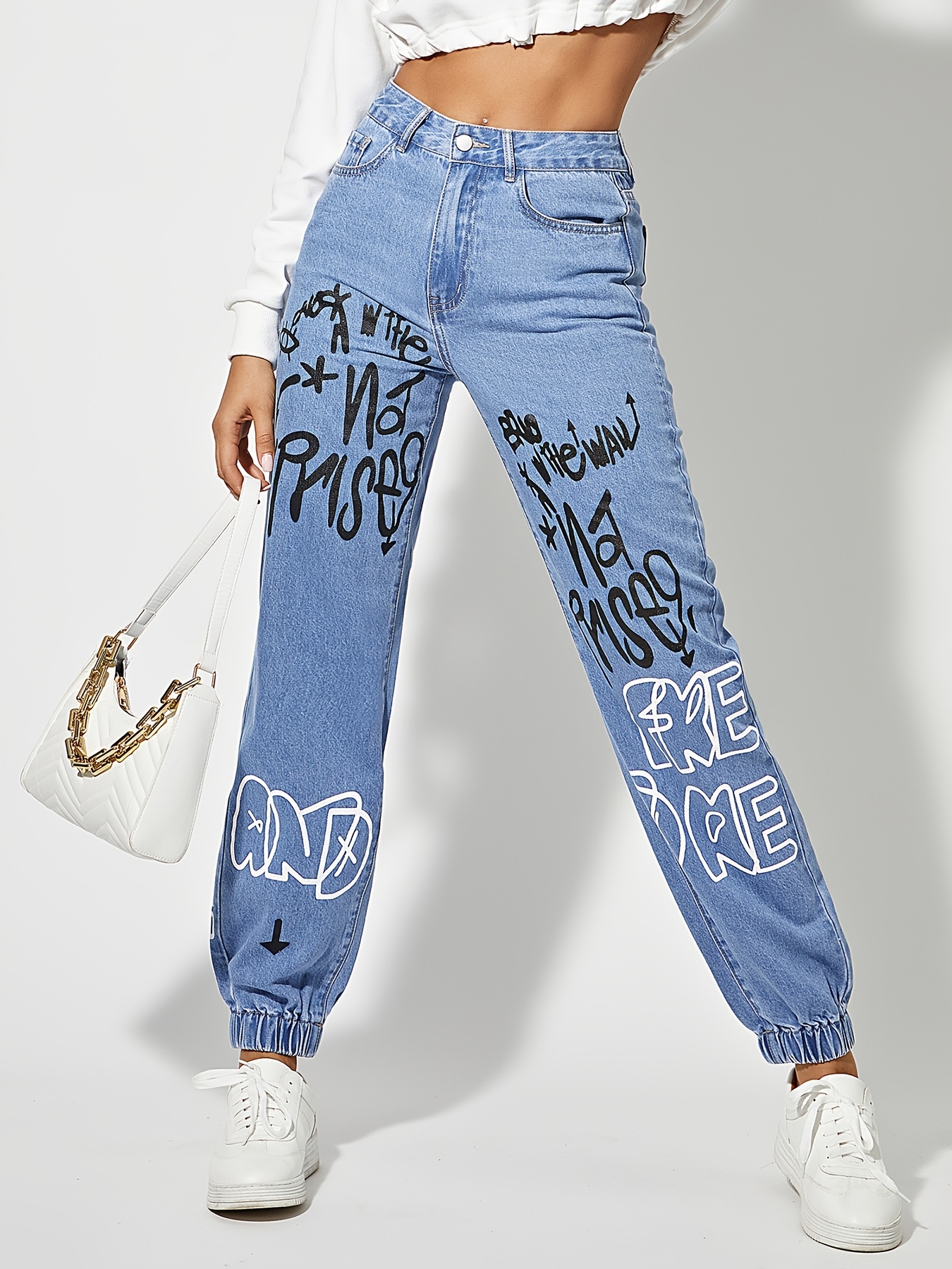 Graphic Print Fashion Pants, Letter Painted Tight Feet High Rise Straight Jeans, Women's Denim Jeans & Clothing - Temu