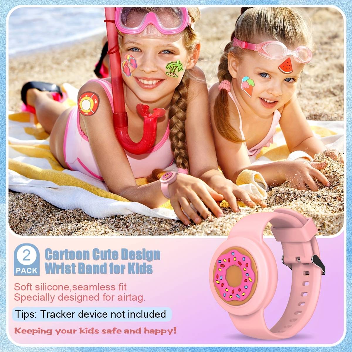 2 Pack AirTag Bracelet for Kids, Waterproof Cute Cartoon Air tag Holder  with Watch Band Design, Full Coverage Anti-Lost Silicone Airtag Hidden