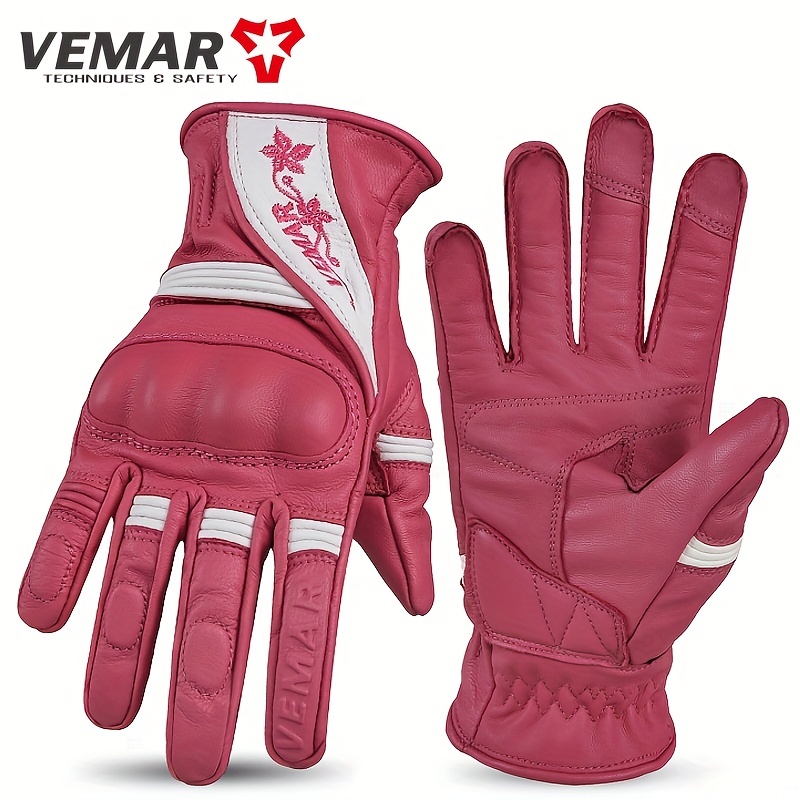 Retro Leather Women Motorcycle Gloves Lady Rose Red Electric