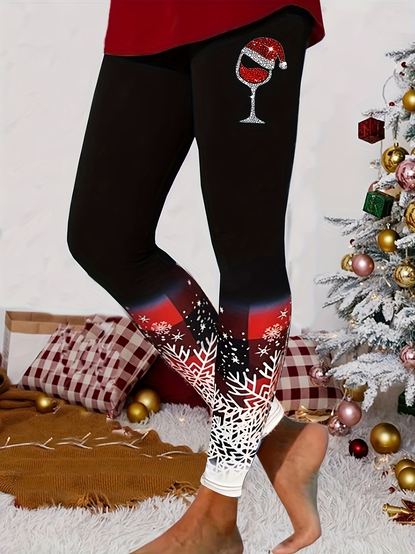 Christmas Print Skinny Leggings, Casual High Waist Stretchy Leggings,  Women's Clothing