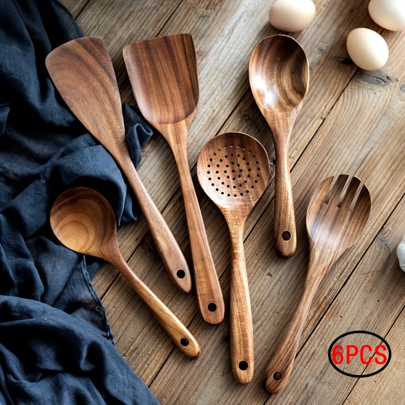  Mooues Juego de utensilios de cocina de madera de teca natural  de 9 piezas con soporte para cucharas - Cucharas de cocina y soporte para  utensilios de agarre cómodo : Hogar