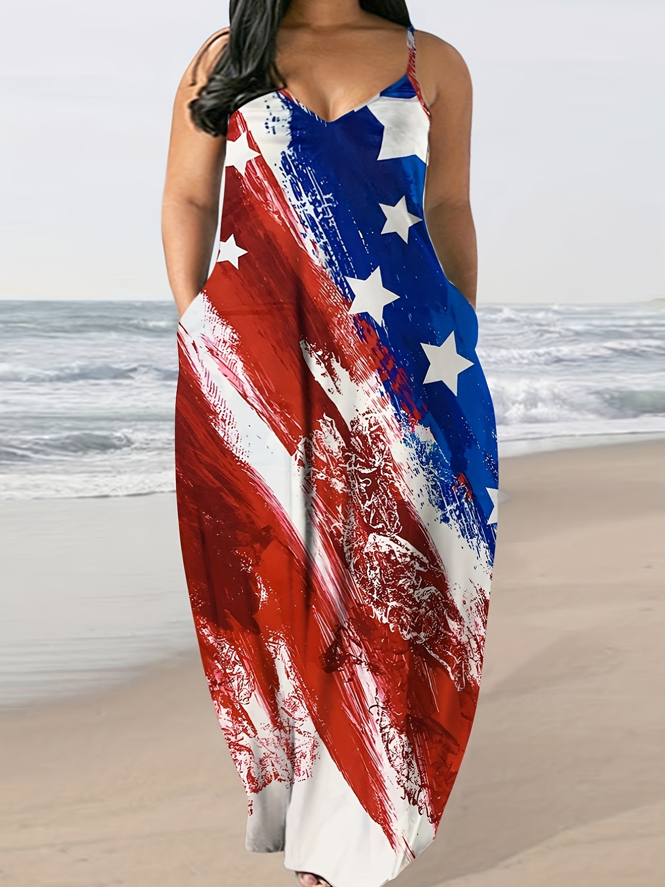 plus size independence day casual summer dress womens plus flag print v neck slight stretch maxi cami dress with pockets