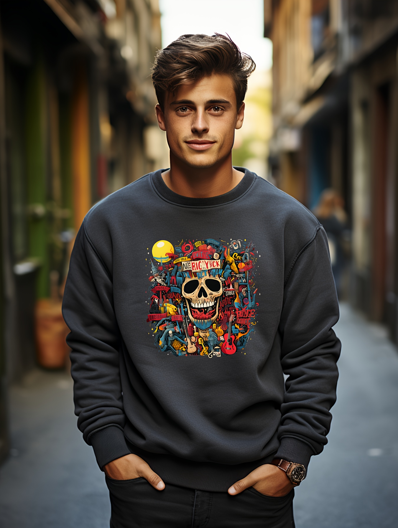 Mens Fashionable Casual Skull And Guitar Pattern Print Round Neck