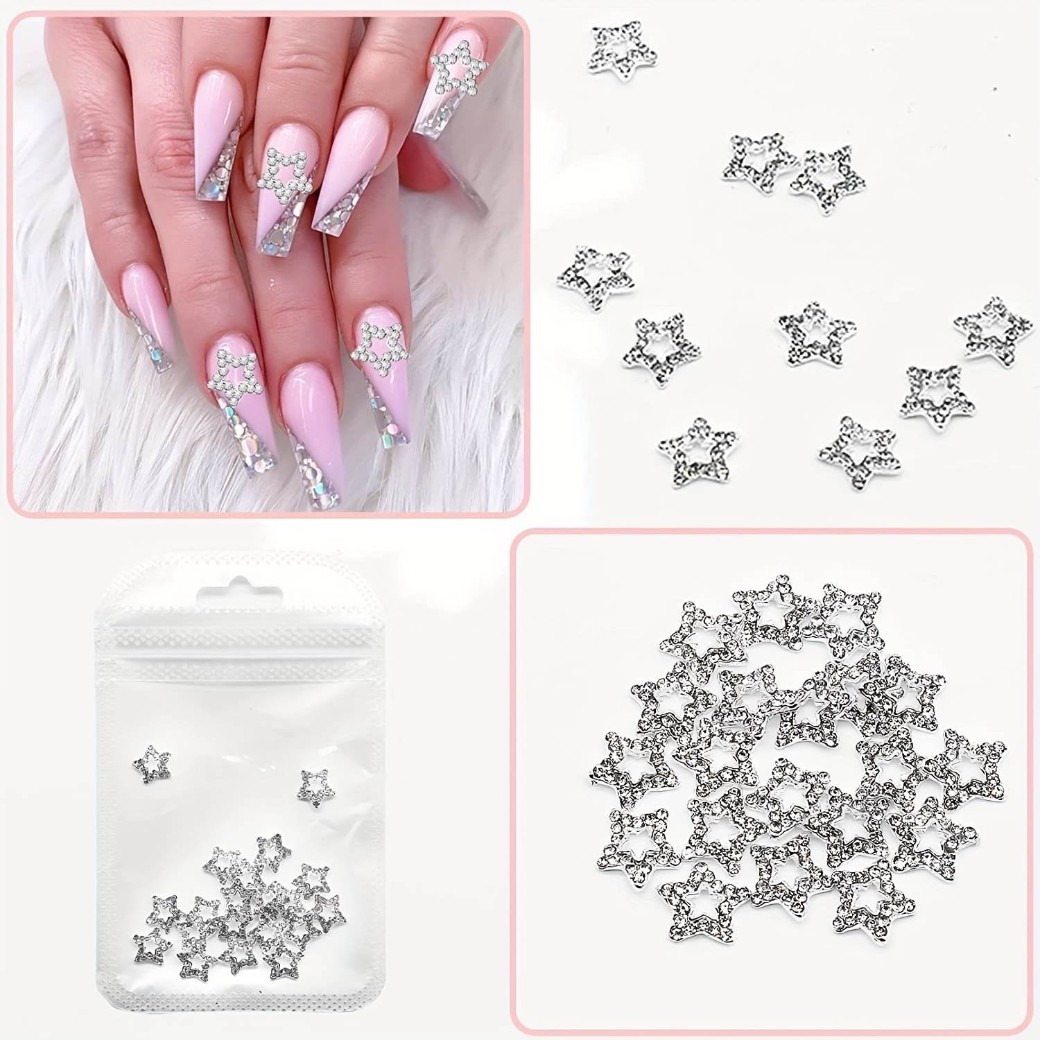 3d Star Nail Charms - Silver Rhinestones For Acrylic Nails