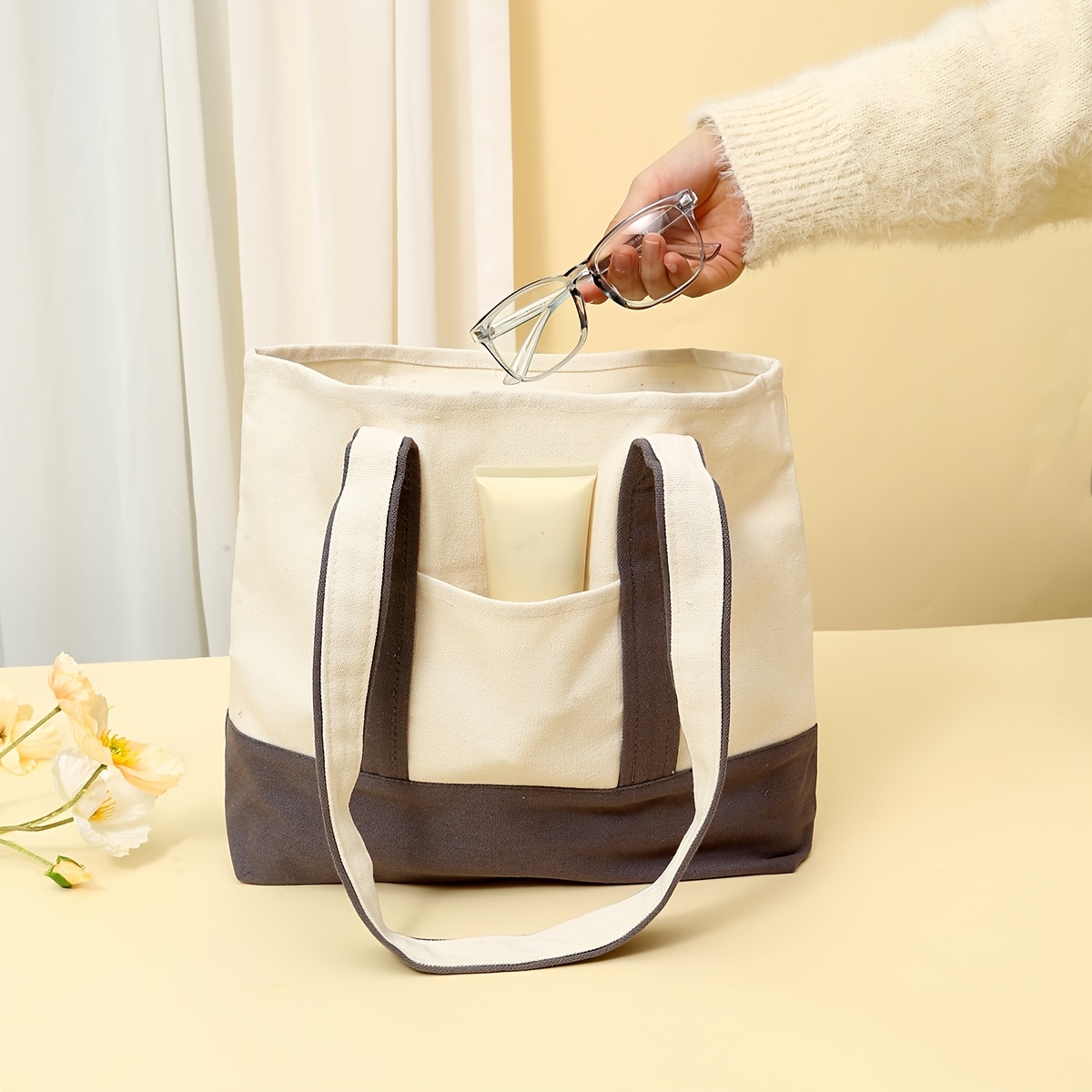 Women's Canvas Tote Bag with Block Pocket Decor