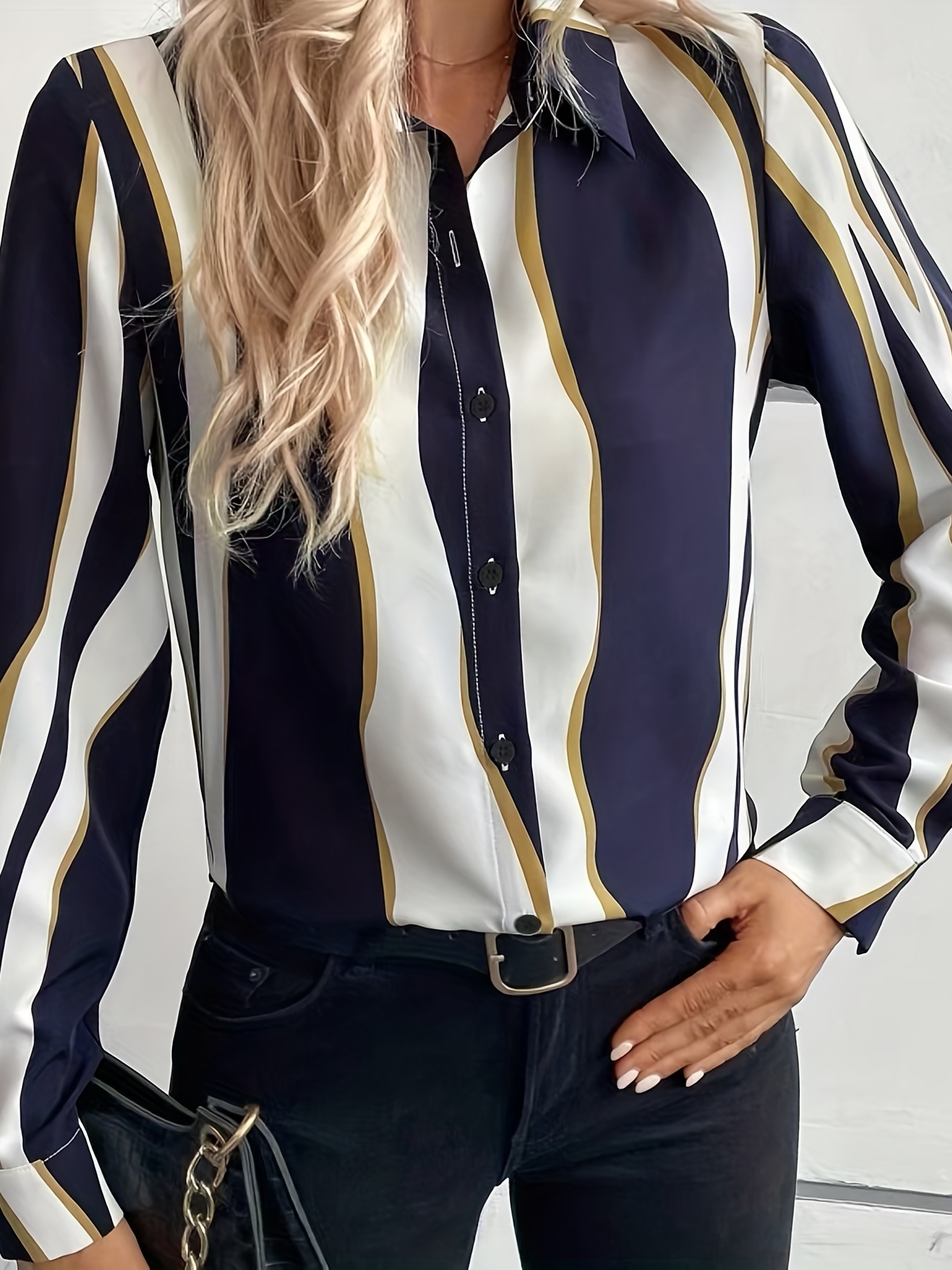Abstract Ripple Print Shirt, Elegant Button Front Long Sleeve Shirt,  Women's Clothing