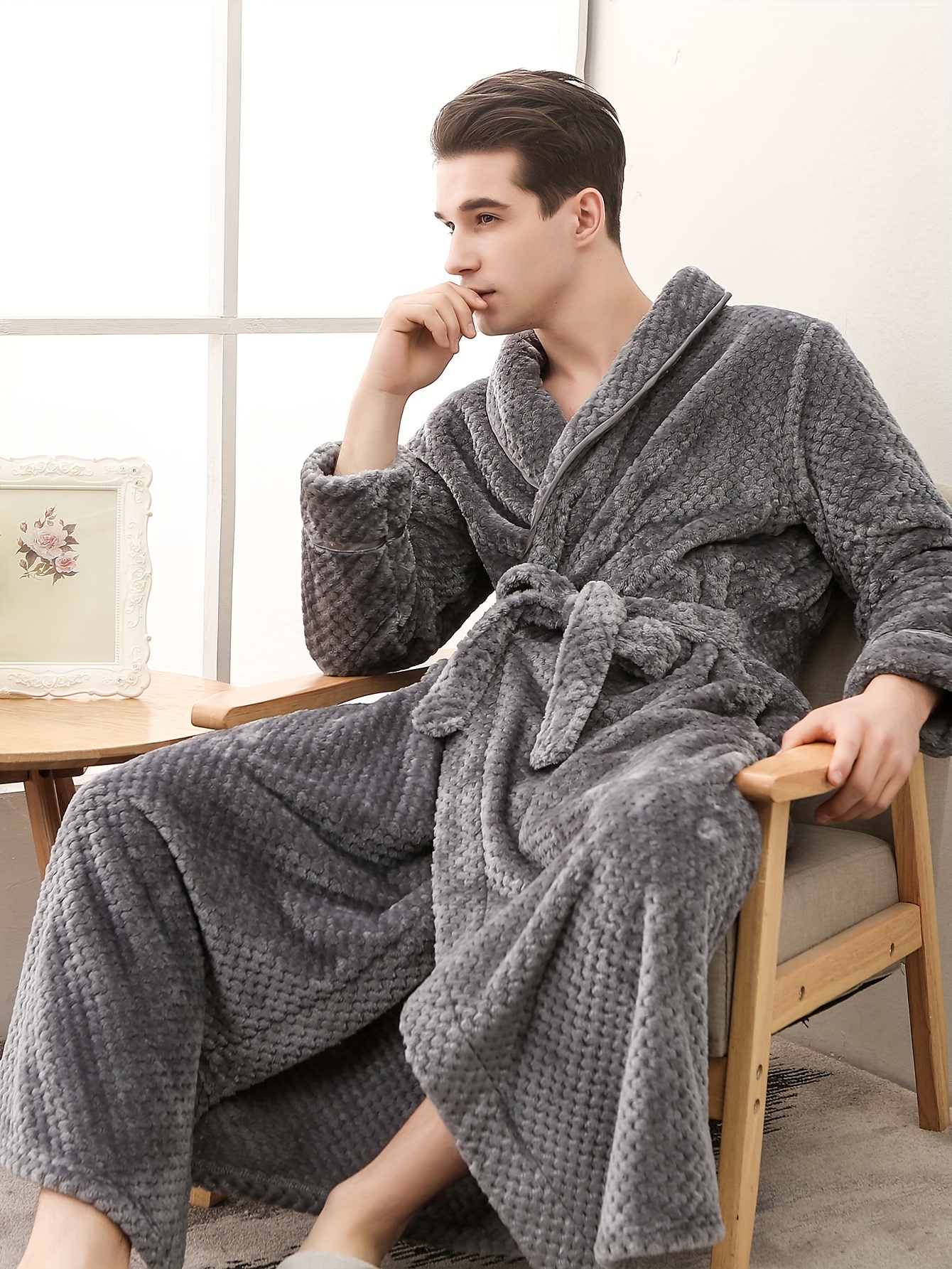 Men's Comfy Solid Fleece Robe Home Pajamas Wear Pocket One - Temu