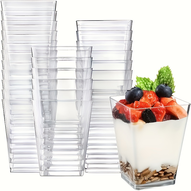 Loreso - Vasos de postre triangulares con cucharas, paquete de 48 unidades,  vaso de plástico para servir postres, frutas y mini aperitivos, tazas de