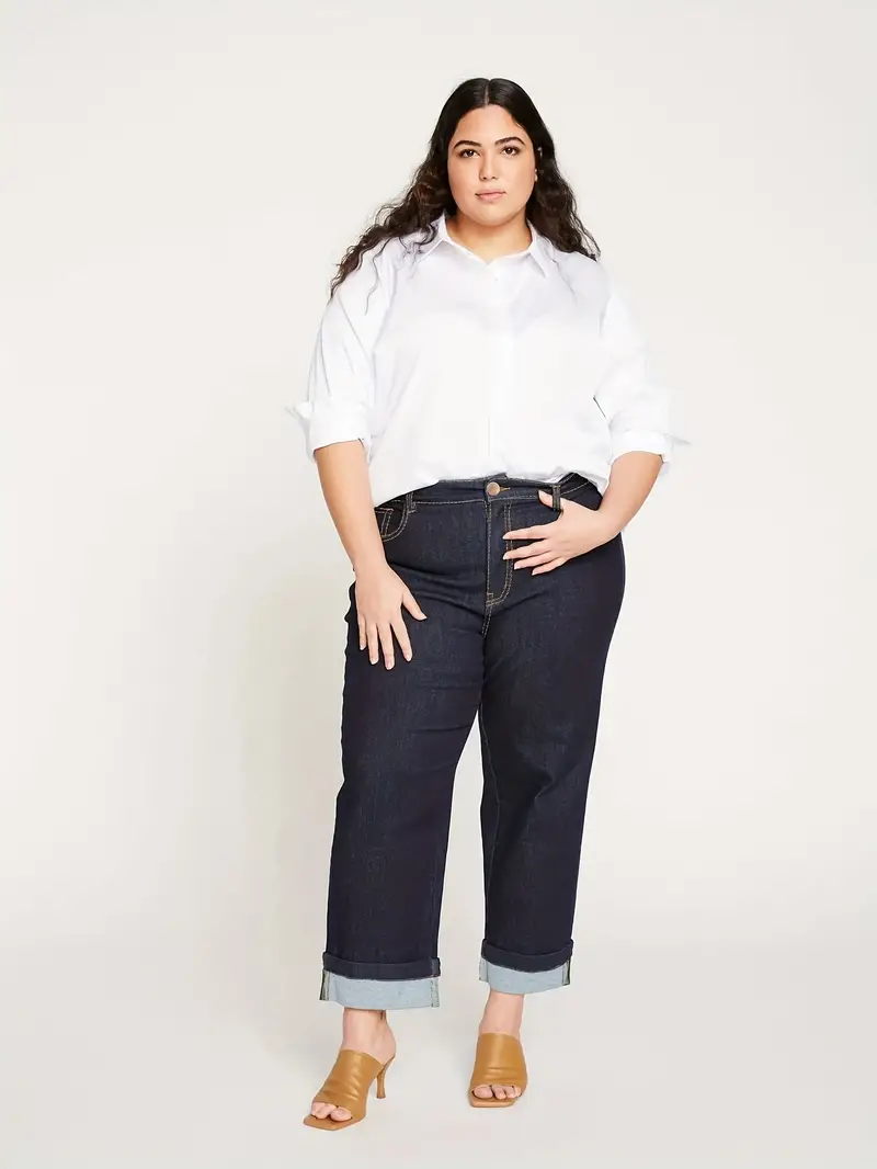 plus size casual jeans womens plus solid button fly medium stretch straight leg jeans details 3