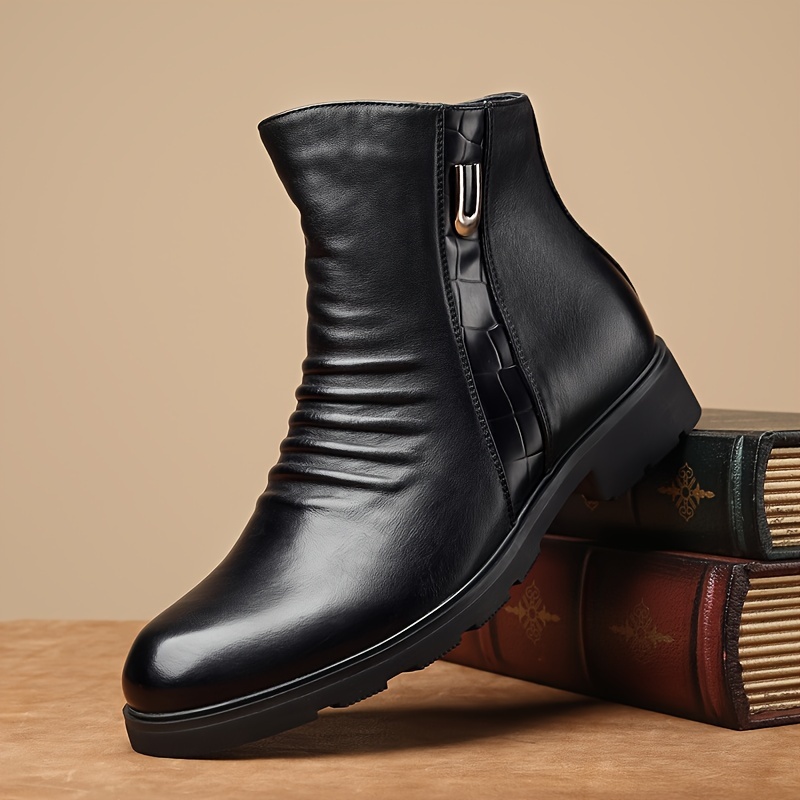 s Top Leather Solid High Top Boots With Side Zipper Breathable Wear resistant Non Slip Boots For Outdoor Casual