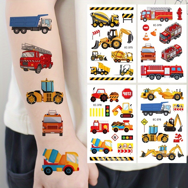 75 piezas de tatuajes temporales de camiones para niños, tatuajes metálicos  para fiestas de cumpleaños de camiones - coche de carreras, bandera a  cuadros, trofeo, llamas, tatuajes falsos para niños. : : Belleza