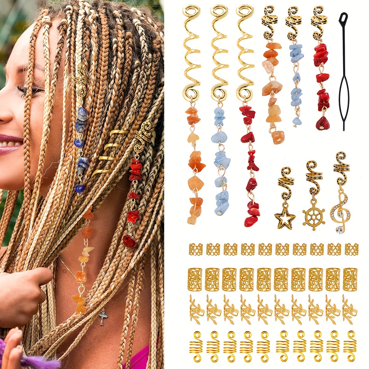 110Pcs Hair Jewelry Braid Rings Cuff Decor Pendants Dreadlocks Beads  Accessories