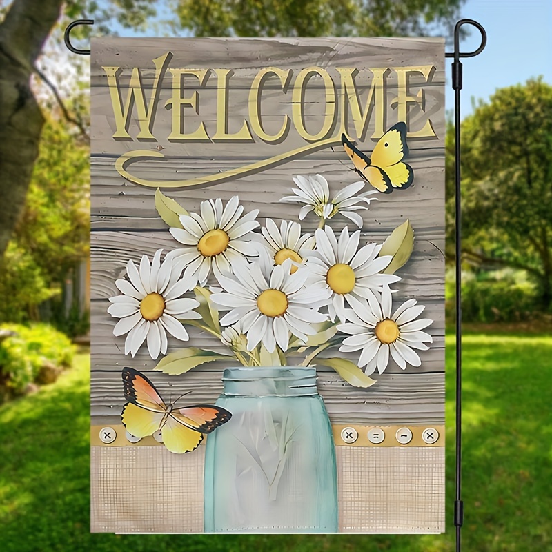 

1pc, Daisy Vase Spring Welcome Garden Flag, Wood Sign Printed Double Sided Flag, Waterproof Flag, Daisy Flower Decor For Outside, Home Decor, Outdoor Decor, Yard Decor, Garden Decorations