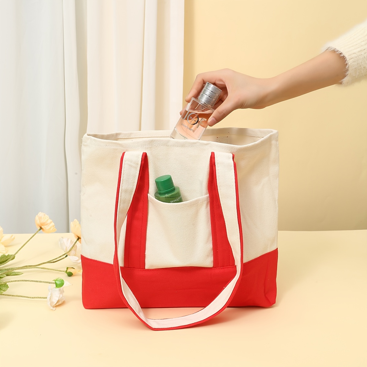 Women's Canvas Tote Bag with Block Pocket Decor