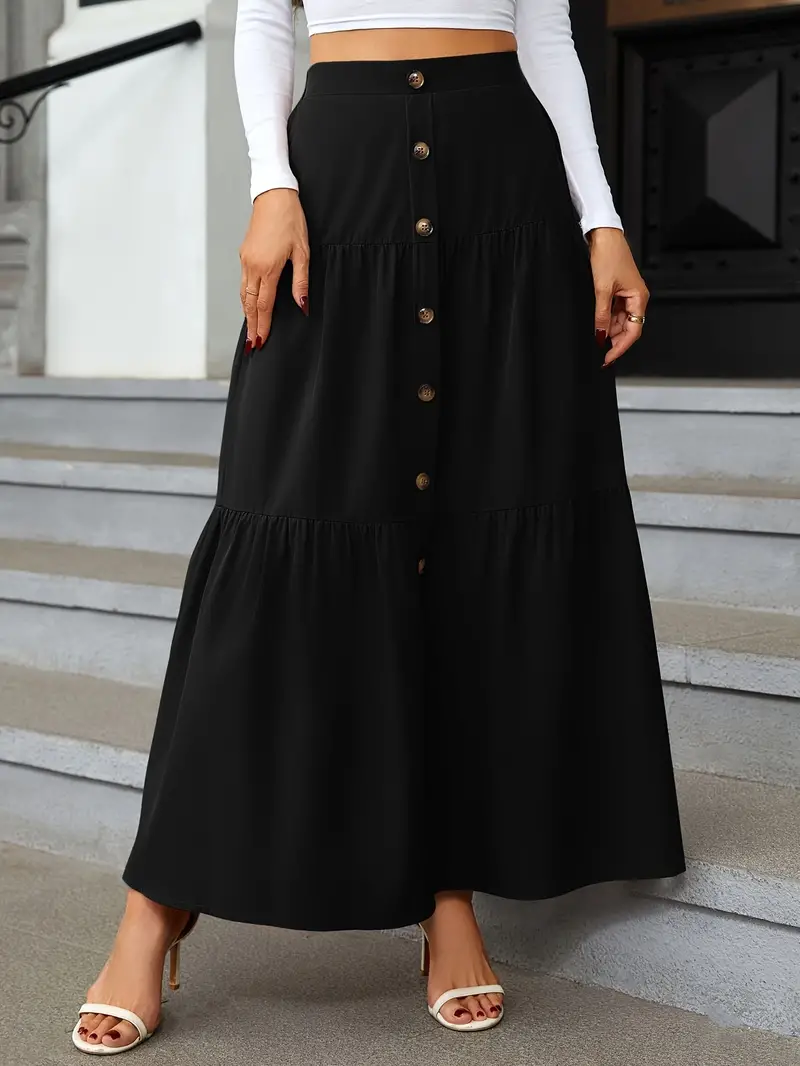 high waist tiered skirts casual solid button front maxi skirts womens clothing details 5