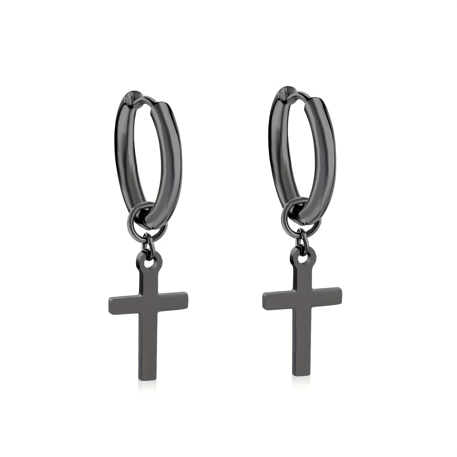 Golden Glossy Cross Decor Hoop Earrings, 18K Plated