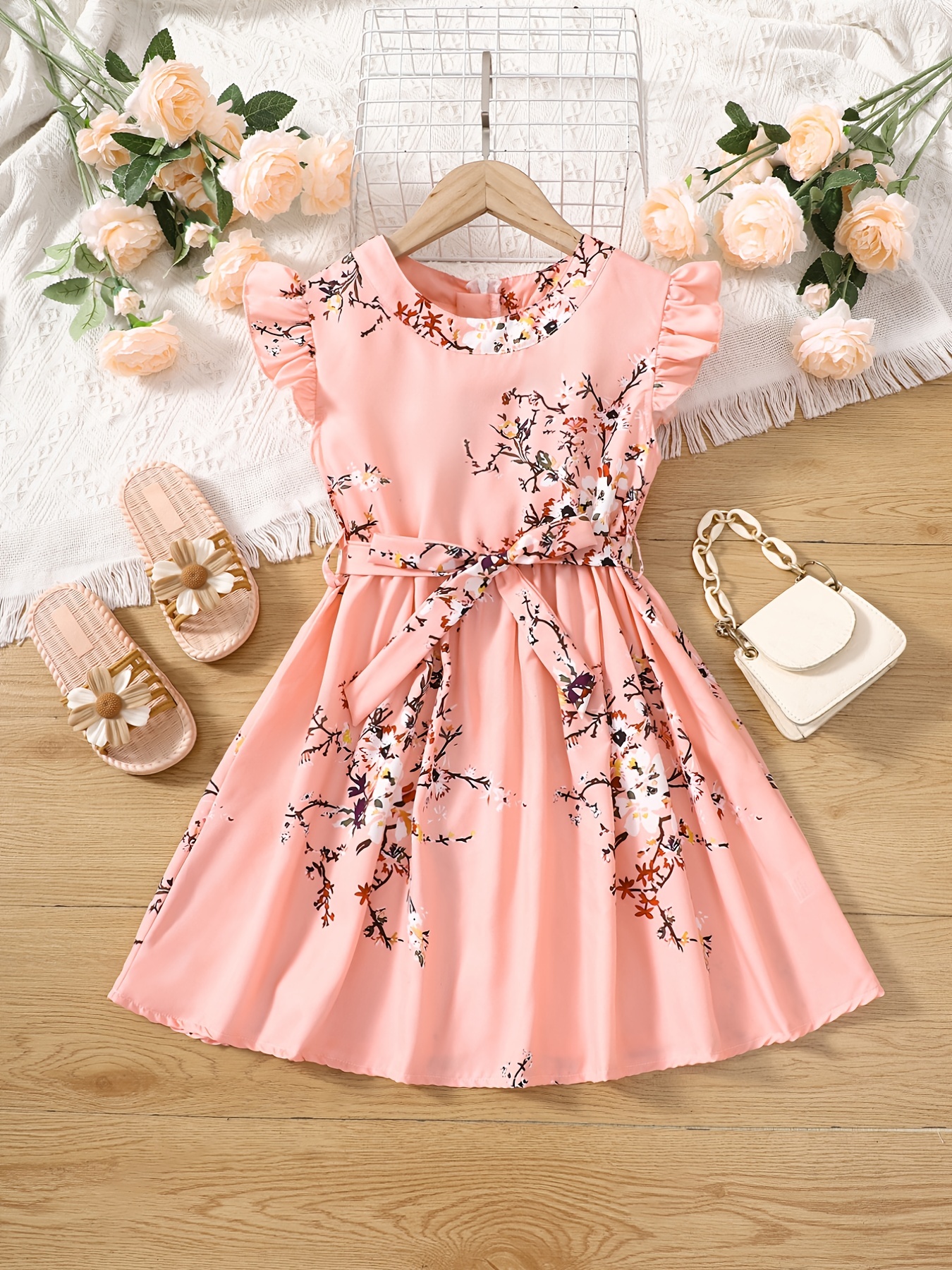 Elegant Cotton Dress Flower Embroidery Girls Flutter Sleeve - Temu