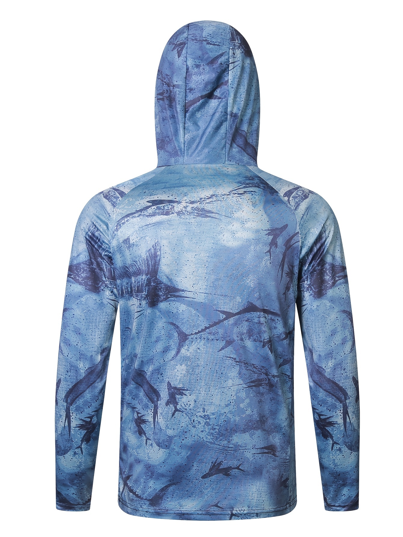 Men's UPF 50+ Sun Protection Hooded Shirt with Mask, Active Swordfish Print Quick Dry Slightly Stretch Long Sleeve Rash Guard for Fishing Hiking