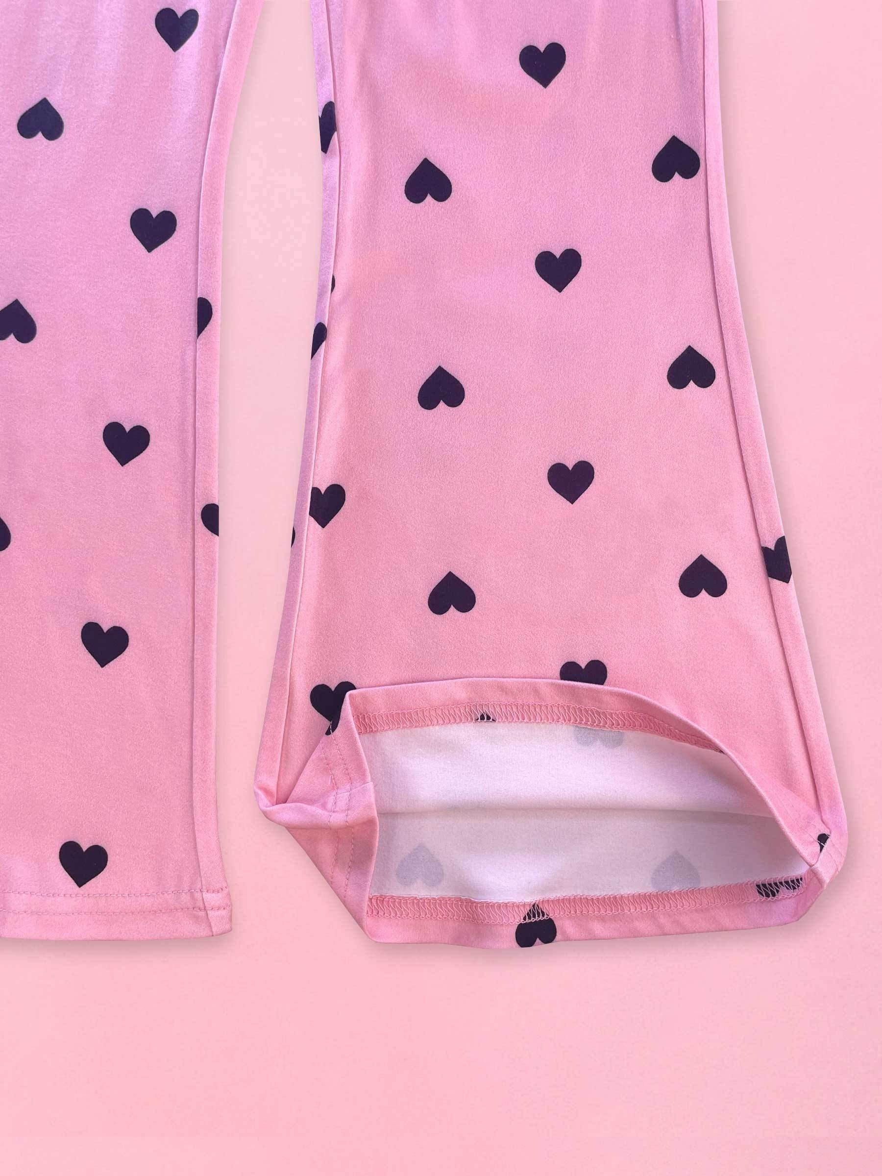 Conjunto De Dos Piezas Para Niñas Pequeñas, Pantalones Acampanados  Informales, Cintura Elástica Con Gráfico De Corazón Para Primavera Y Otoño