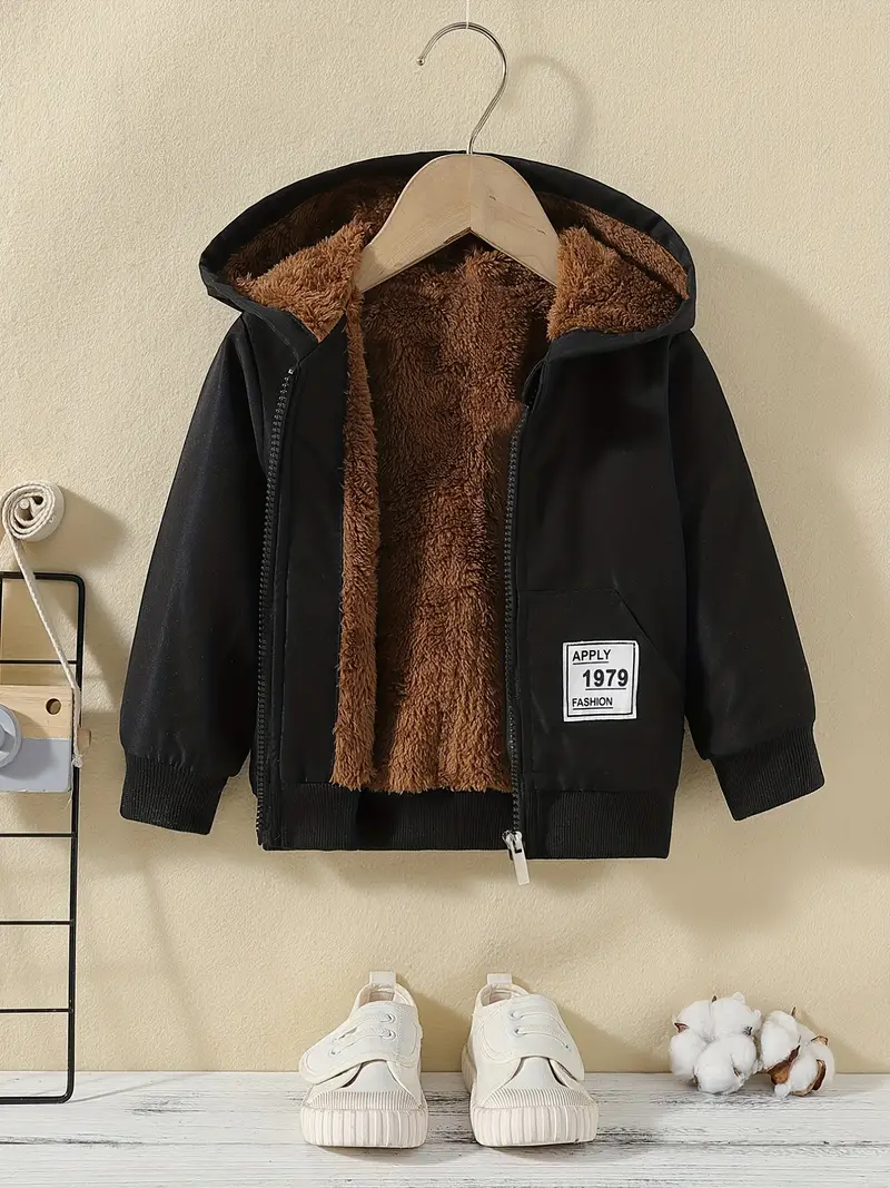 kids stylish patch fleece casual coat toddler babys fall winter hooded zipper jacket details 3