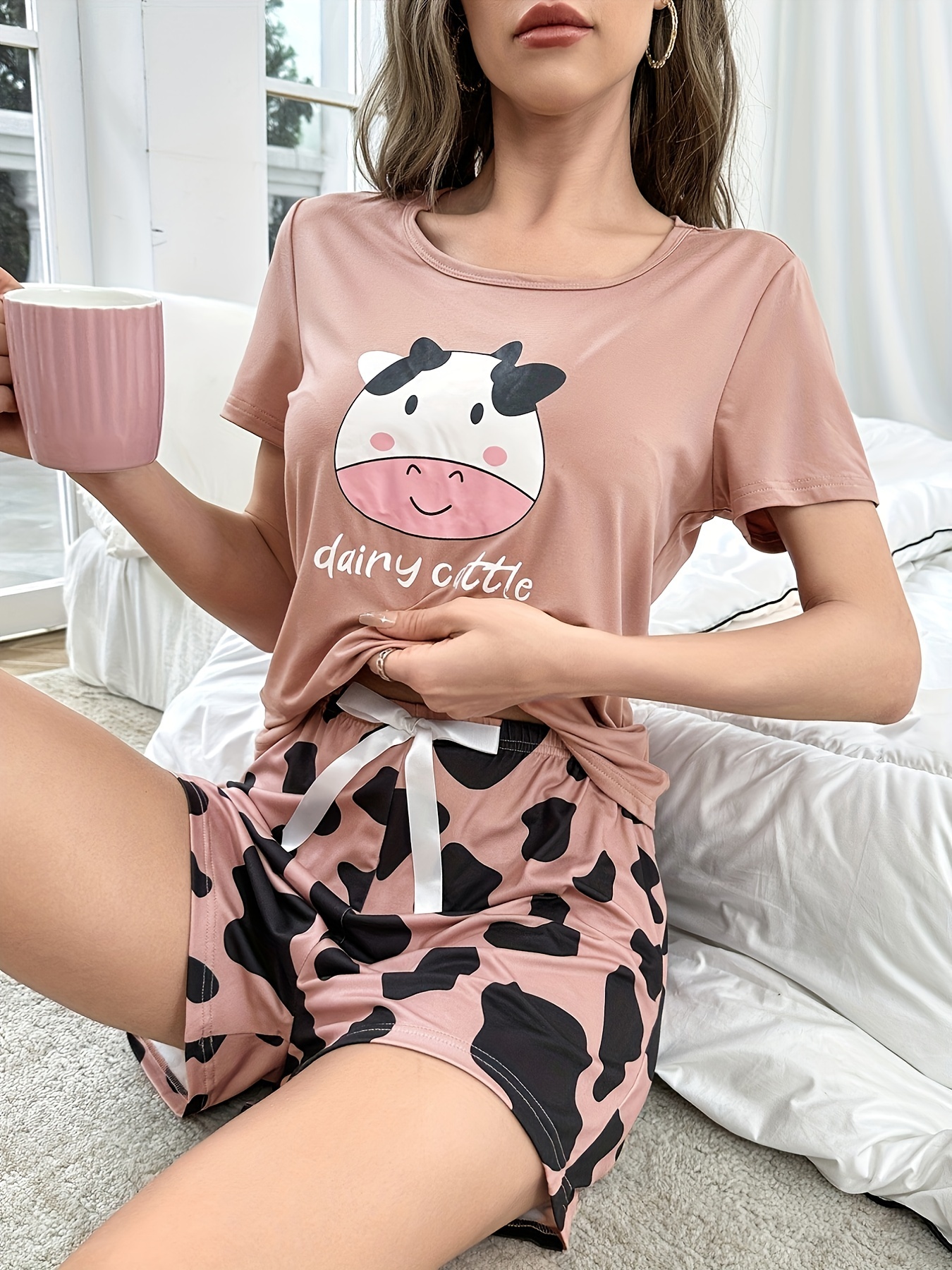 Casual Comfy Pajama Set Cute Cow Print Short Sleeve Tee Top - Temu