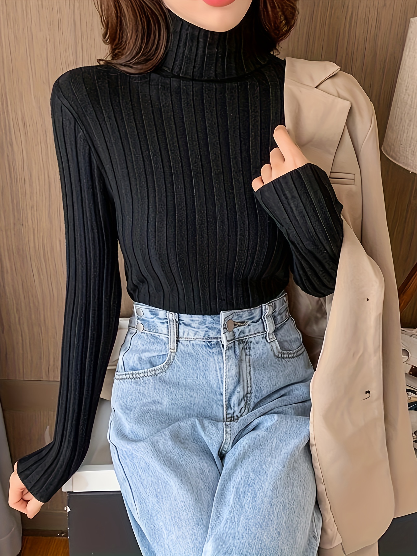 Solid Rib Knit Bodysuit Casual Turtle Neck Long Sleeve - Temu