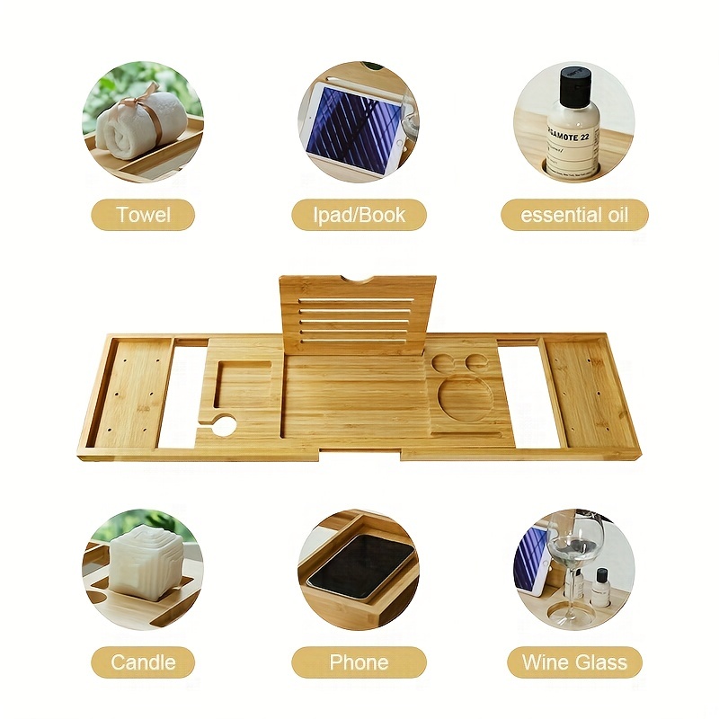 Bamboo Bathtub Tray, Wooden Bathtub Shelf, Extendable Wood Pad Phone Book  Holder, For Bathroom Bathtub Towel Scented Candle Wine Glass Fruit Shower  Foam Shampoo Soap Toiletries Storage And Organization Tray, 29.5-37''l X