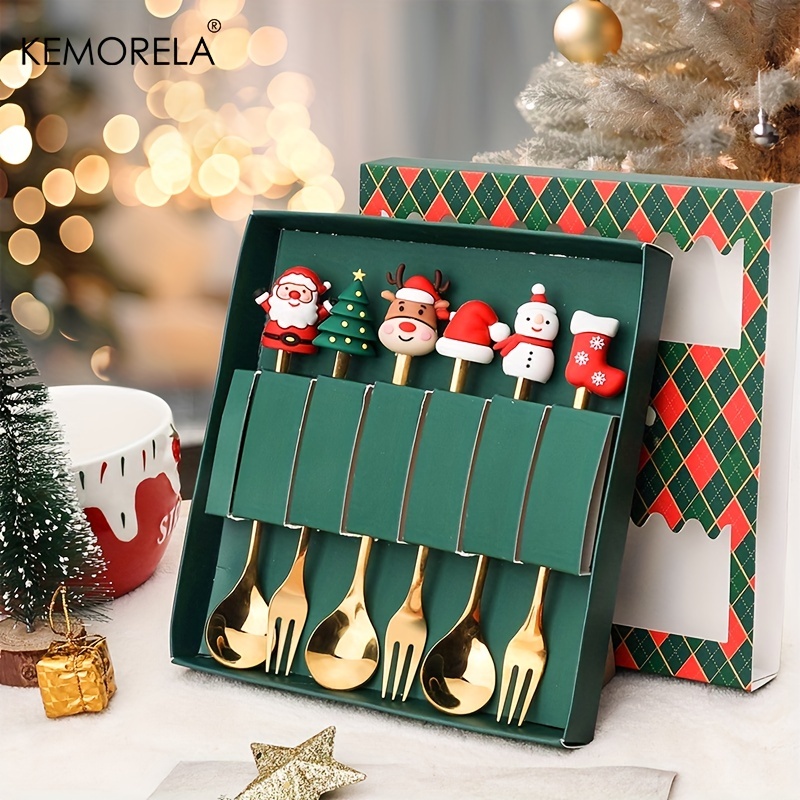 

2/4/6pcs Christmas Fork And Spoon Set, Stainless Steel Creative Tableware, Coffee Tea Dessert Forks And Spoons Gift Set For Christmas Party Decorations