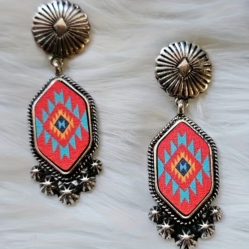 

Red Geometric Shape Plaid Pattern Dangle Earrings Retro Ethnic Style Alloy Silver Plated Jewelry Trendy Female Gift