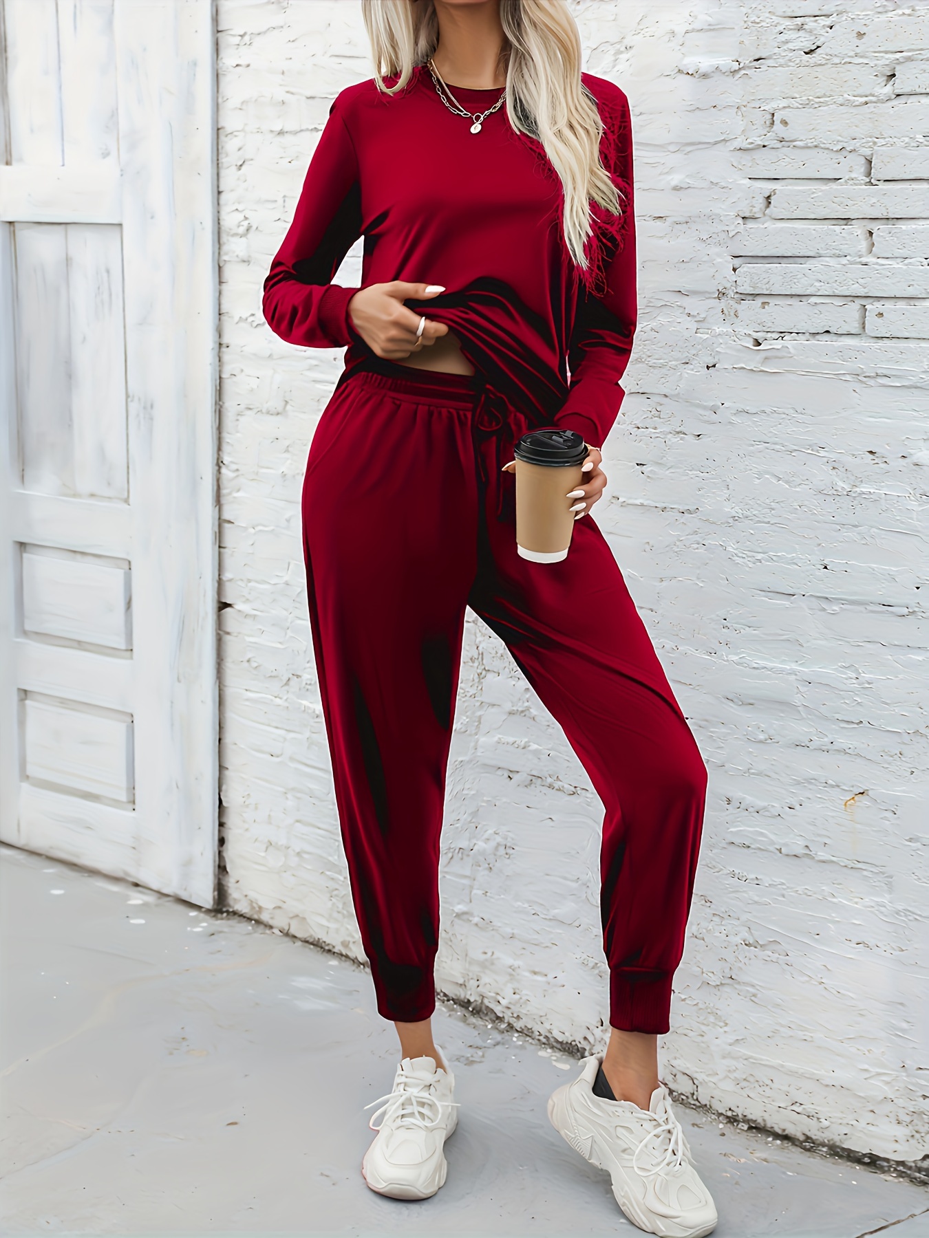 Casual Solid Two piece Set Crew Neck Long Sleeve Tops - Temu
