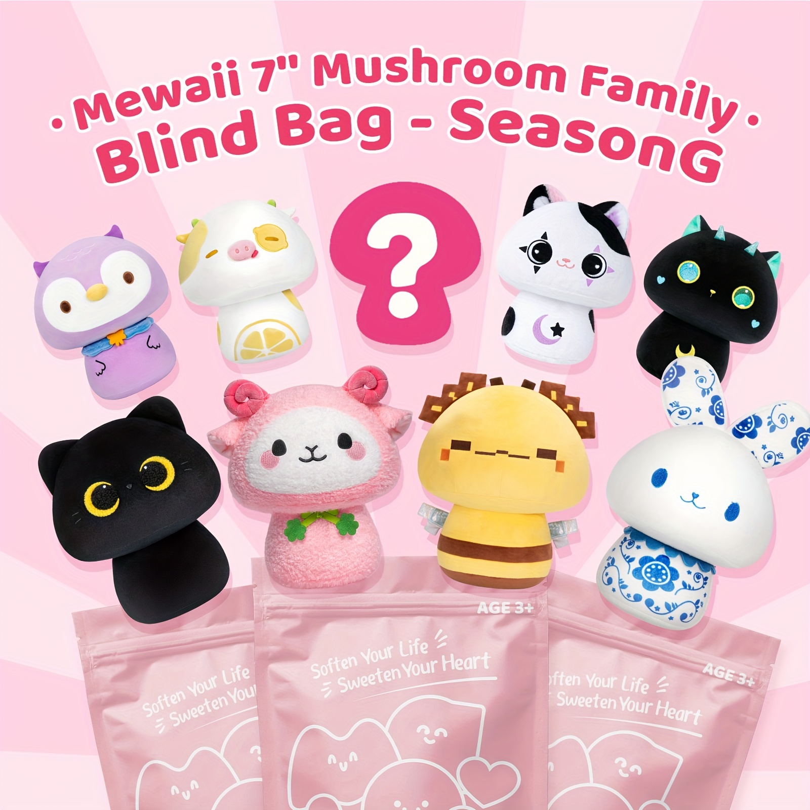 Mewaii 8 Mushroom Family Grey Wolf Kawaii Plush Pillow Squish Toy