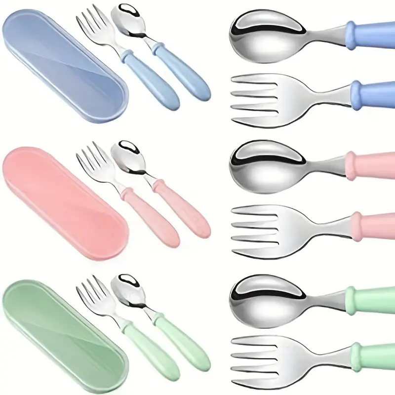 Toddler Utensils Stainless Steel Fork And Spoon Safe Baby Silverware Set,  Kid Safe Utensils Children's Flatware Kids Cutlery Set With Round Handle  For Lunchbox (blue, Green, ) - Temu