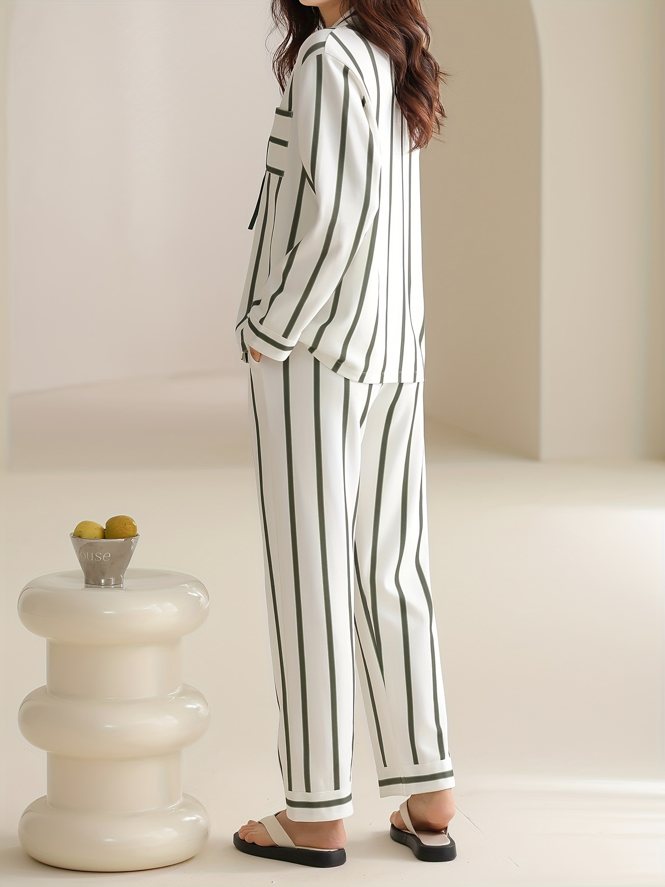 Abstract Striped Pajama Set Long Sleeve Button Top Elastic - Temu