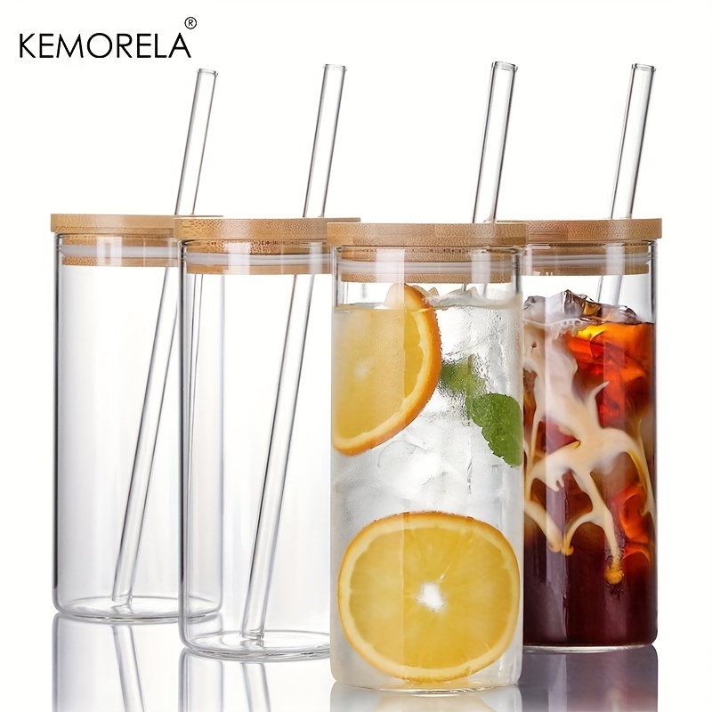 8pcs Set ] Drinking Glasses with Bamboo Lids and Glass Straw