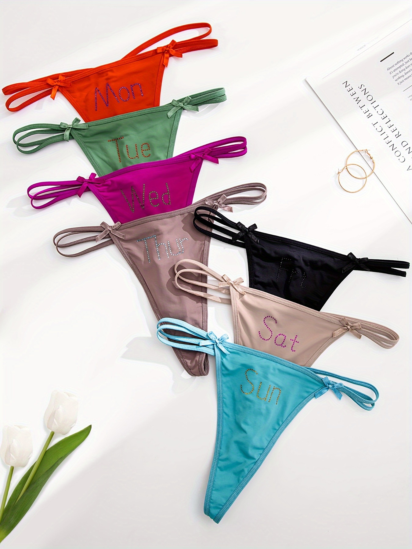 7pcs Letter Rhinestone Thongs, Soft & Comfy Cut Out Bow Tie Panties,  Women's Lingerie & Underwear