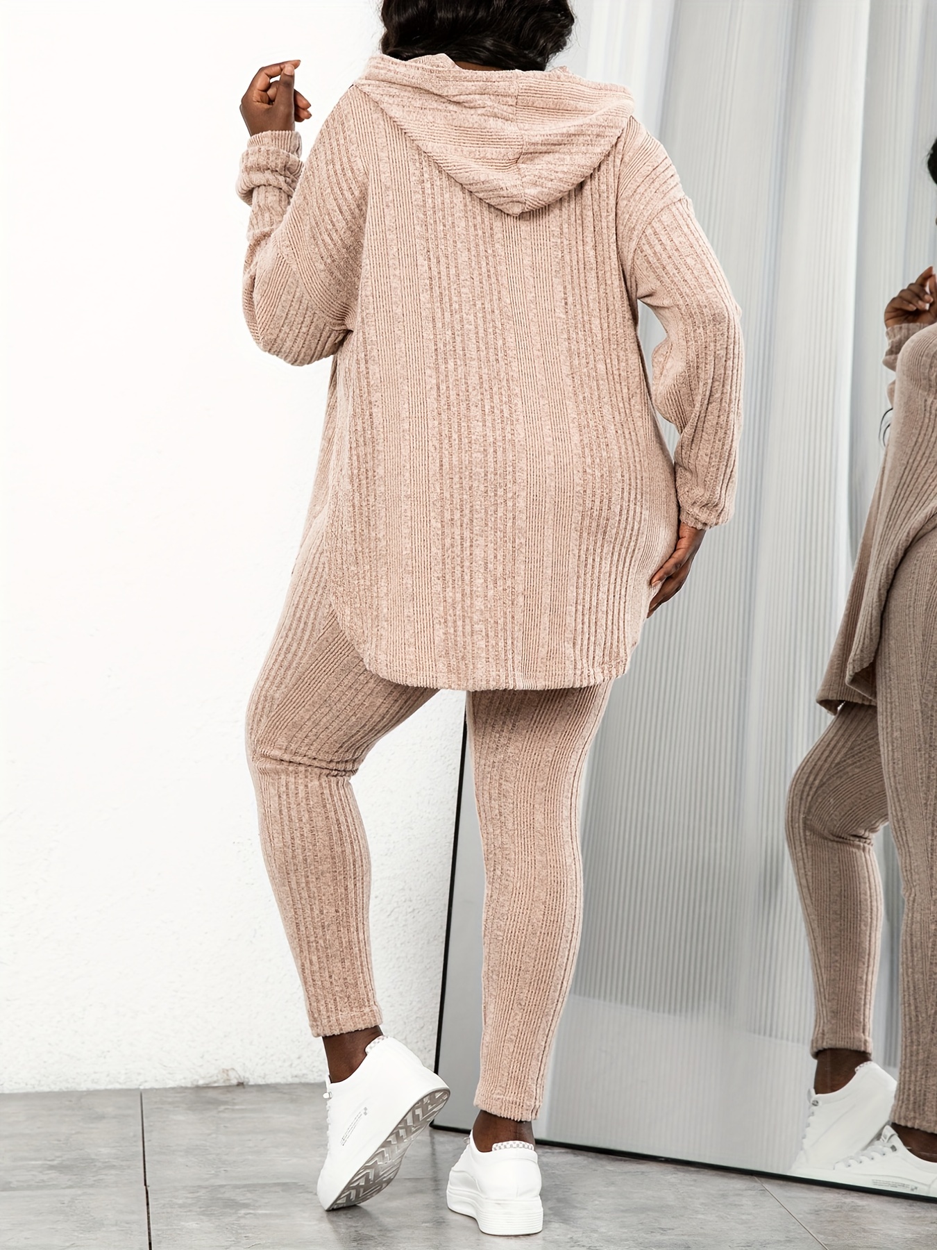Plus Size Casual Outfit Set, Women's Plus Solid Long Sleeve Curve Hem  Ribbed Knit Hoodie & Leggings Outfits Two Piece Set