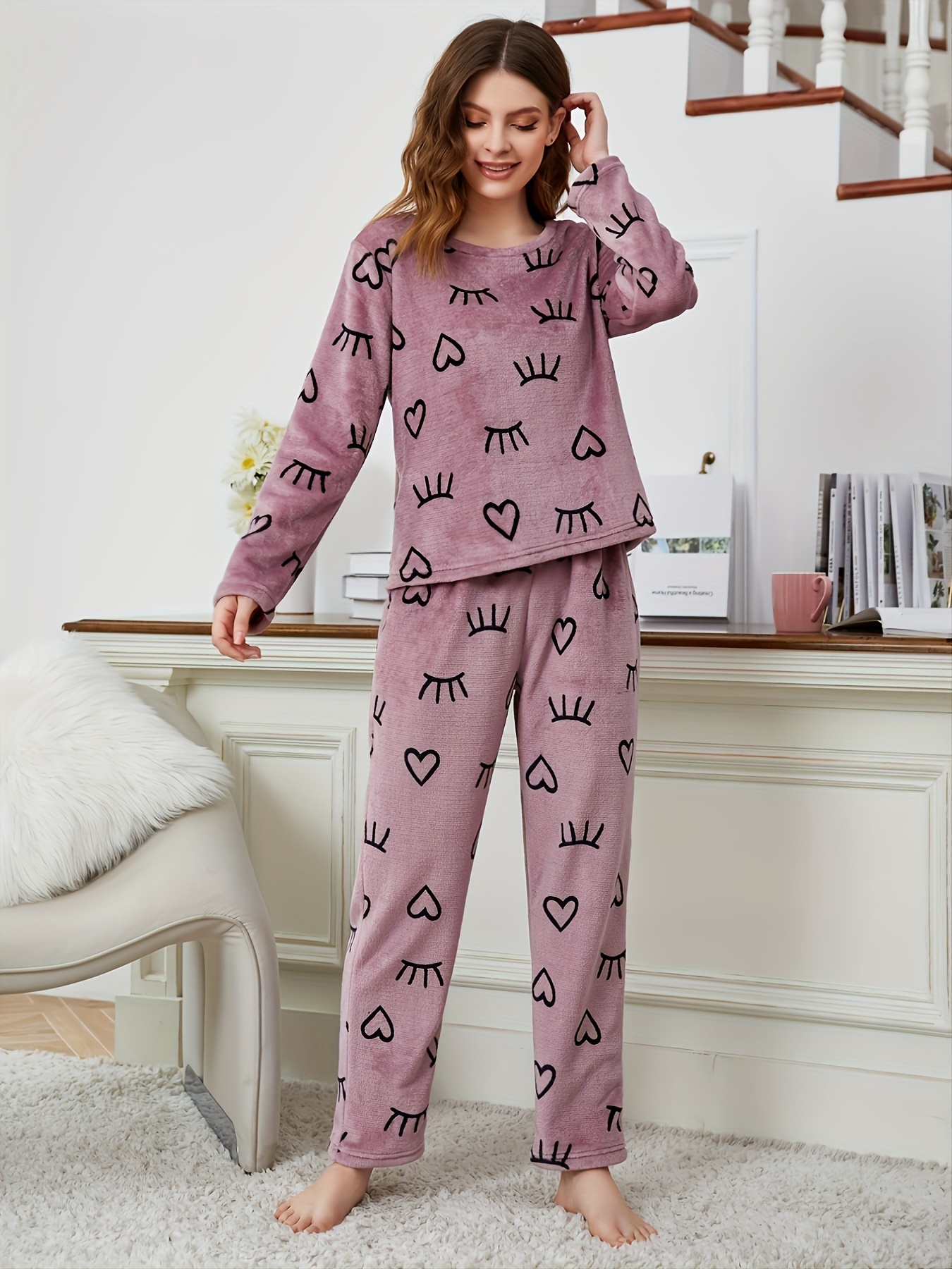 Heart Print Fuzzy Pajama Set, Long Sleeve Crew Neck Top & Elastic Waistband  Pants, Women's Sleepwear & Loungewear