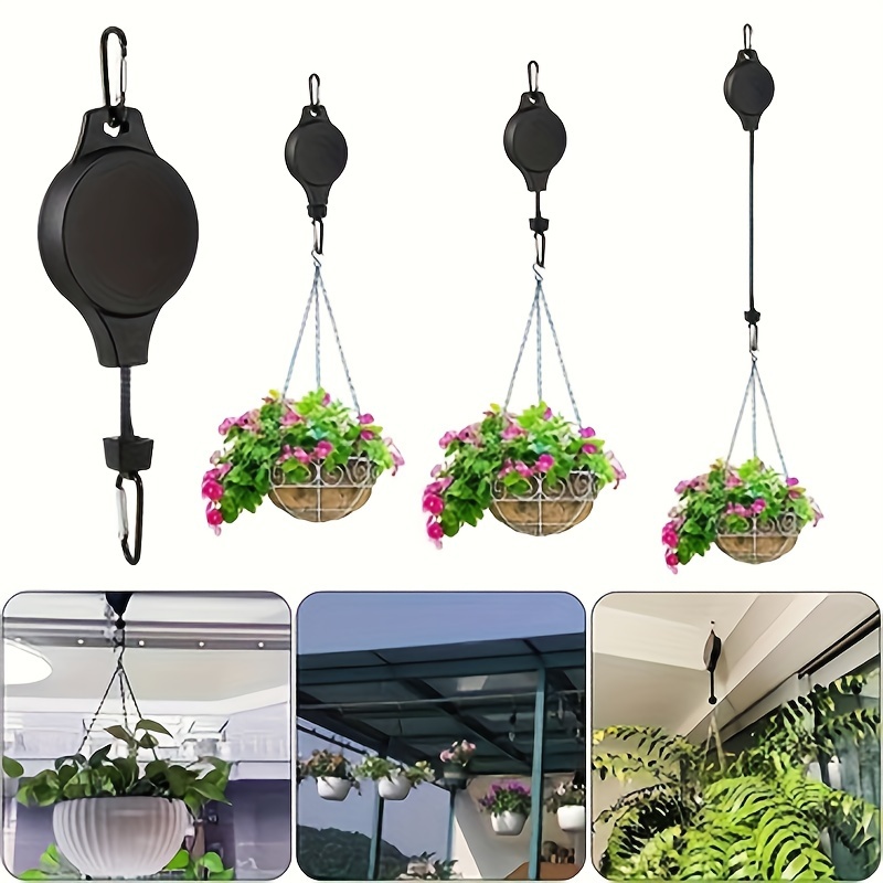 4 Pack Retractable Plant Hook Pulley - Sturdy Black Hanging Flower Basket  Hanger