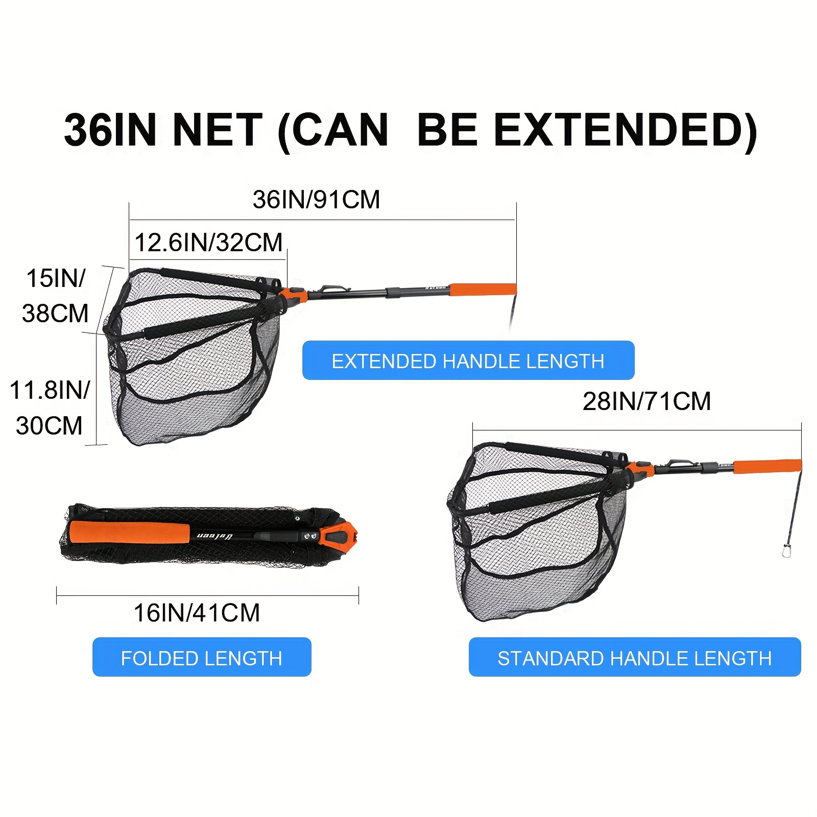 * Floating Fishing Net With Fixed/Telescopic Pole, Portable Lightweight  Orange Fishing Net For Freshwater, With Built In Length Scale