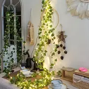 1pc green leaf vine decorative string lights battery powered hanging vine for bedroom party wedding christmas thanksgiving four seasons decoration home fireplace stairs handrails balcony corridor curtain decoration details 2