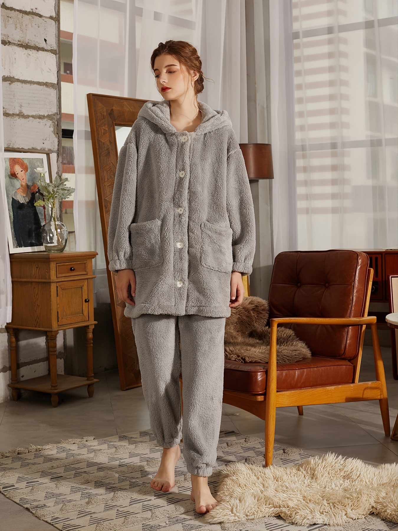 2-Piece Women's Autumn & Winter Warm Zipper Cardigan Pajamas Set, Solid  Pocket Top & Fluffy Elastic Waistband Pants, Women's Loungewear & Sleepwear