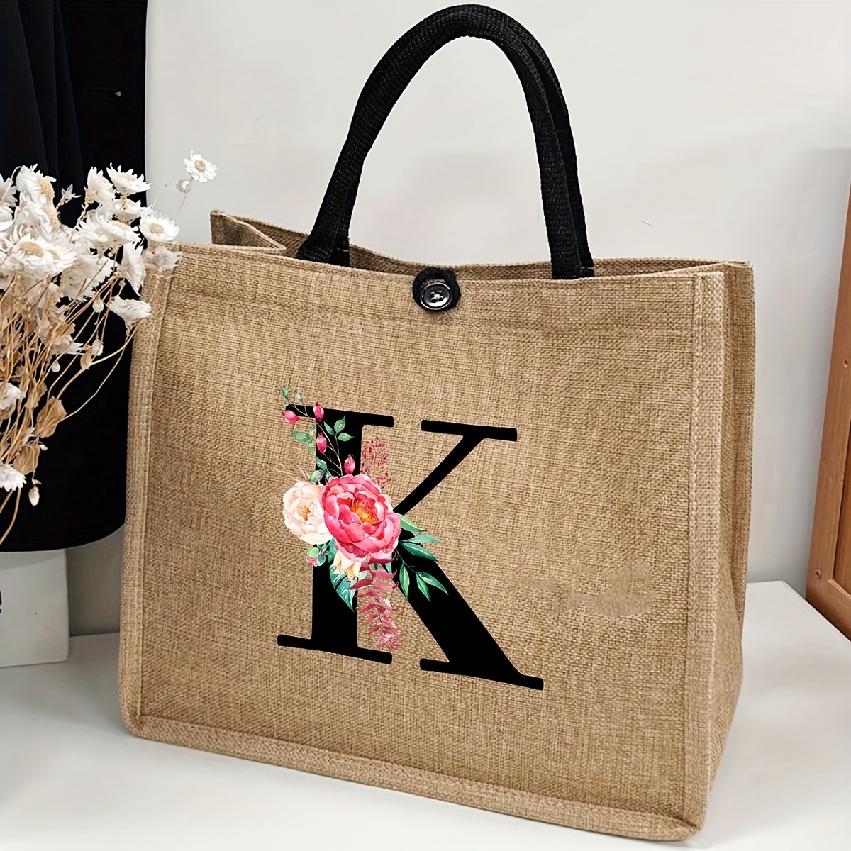 Borsa Mare Donna Grande Borsa Da Spiaggia Con Iniziale Floreale - Lettera A - 100% Cotone