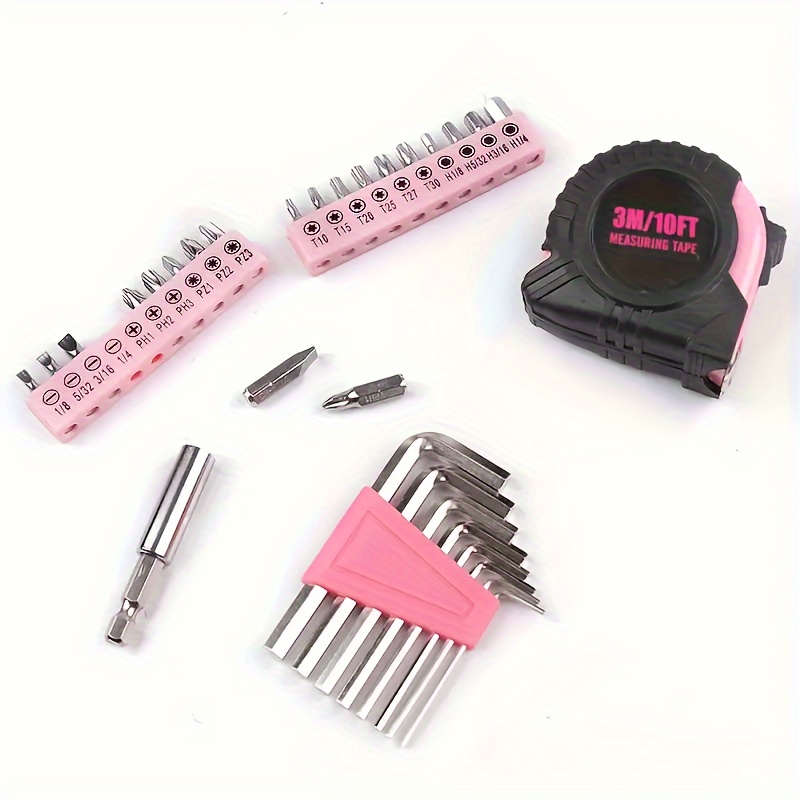 39pcs Multifunctional Household Hand Tool Set, Pink Women Hardware Toolbox,  Wrench Screwdriver Pliers Hammer Hand Tools Box