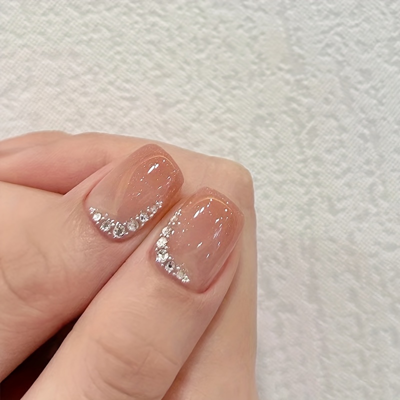 Glossy Gradient Press On Nails With Rhinestones Full - Temu