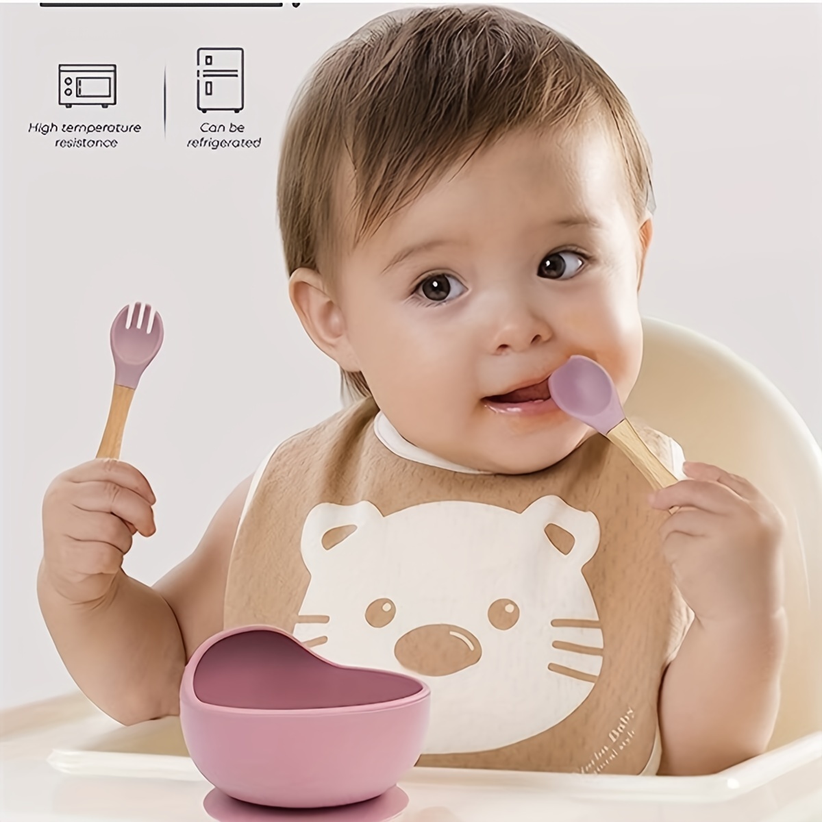 Juego de 8 piezas de alimentación para bebés, juego de vajilla de silicona  de grado alimenticio, juego de cubiertos y platos de ardilla para bebé