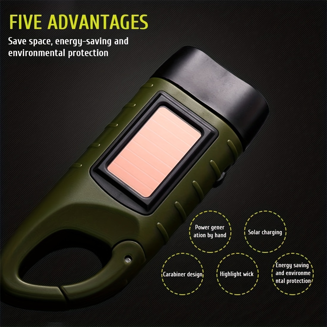 Hand Crank Solar Powered Flashlight, Emergency Rechargeable LED Flashlight, Survival  Flashlight, Quick Snap Carabiner Dynamo Flashlight Torch for Outdoor  Sports, Green