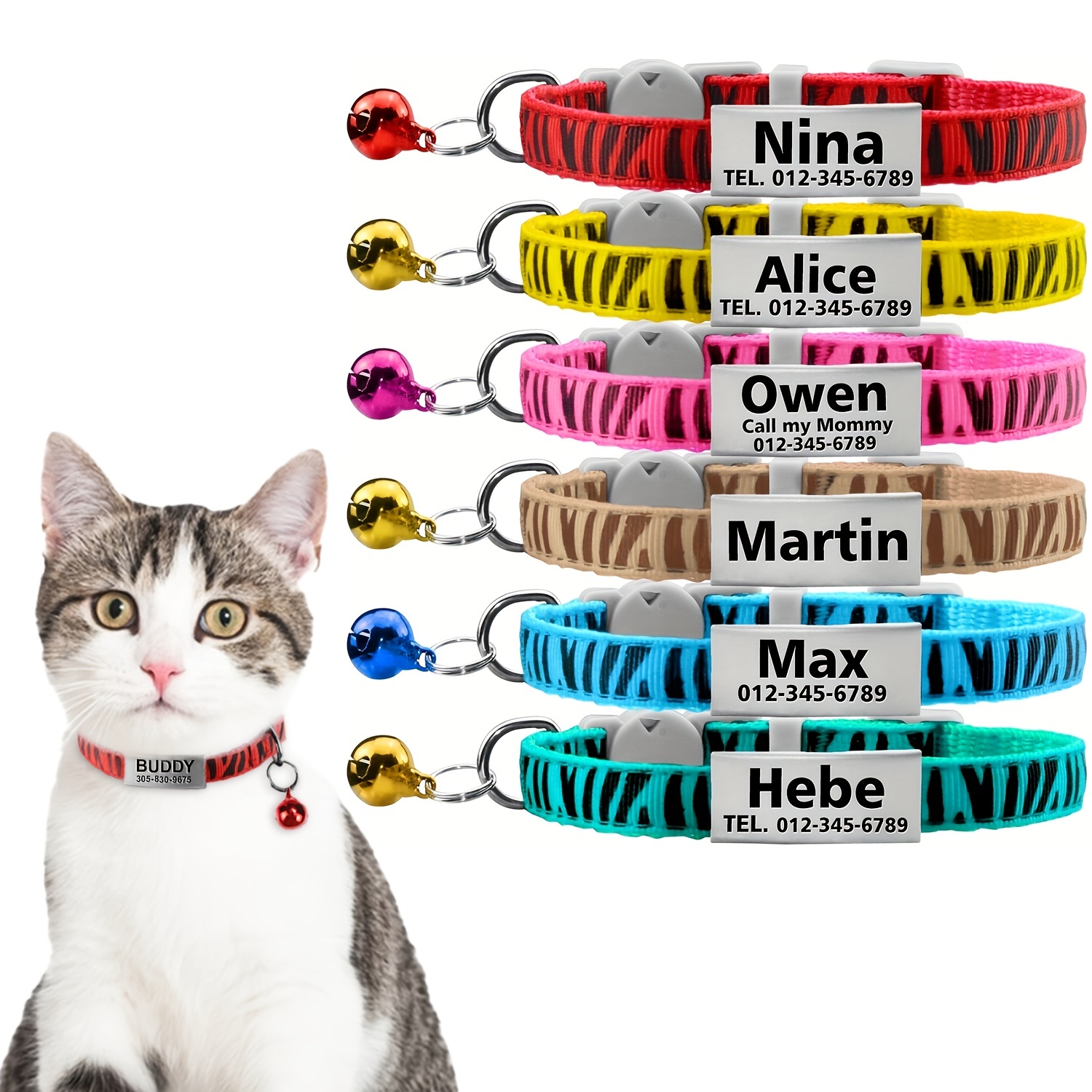 Small Personalised Cat Collar with Bell Engraved Name Tag Kitten Safety  Release
