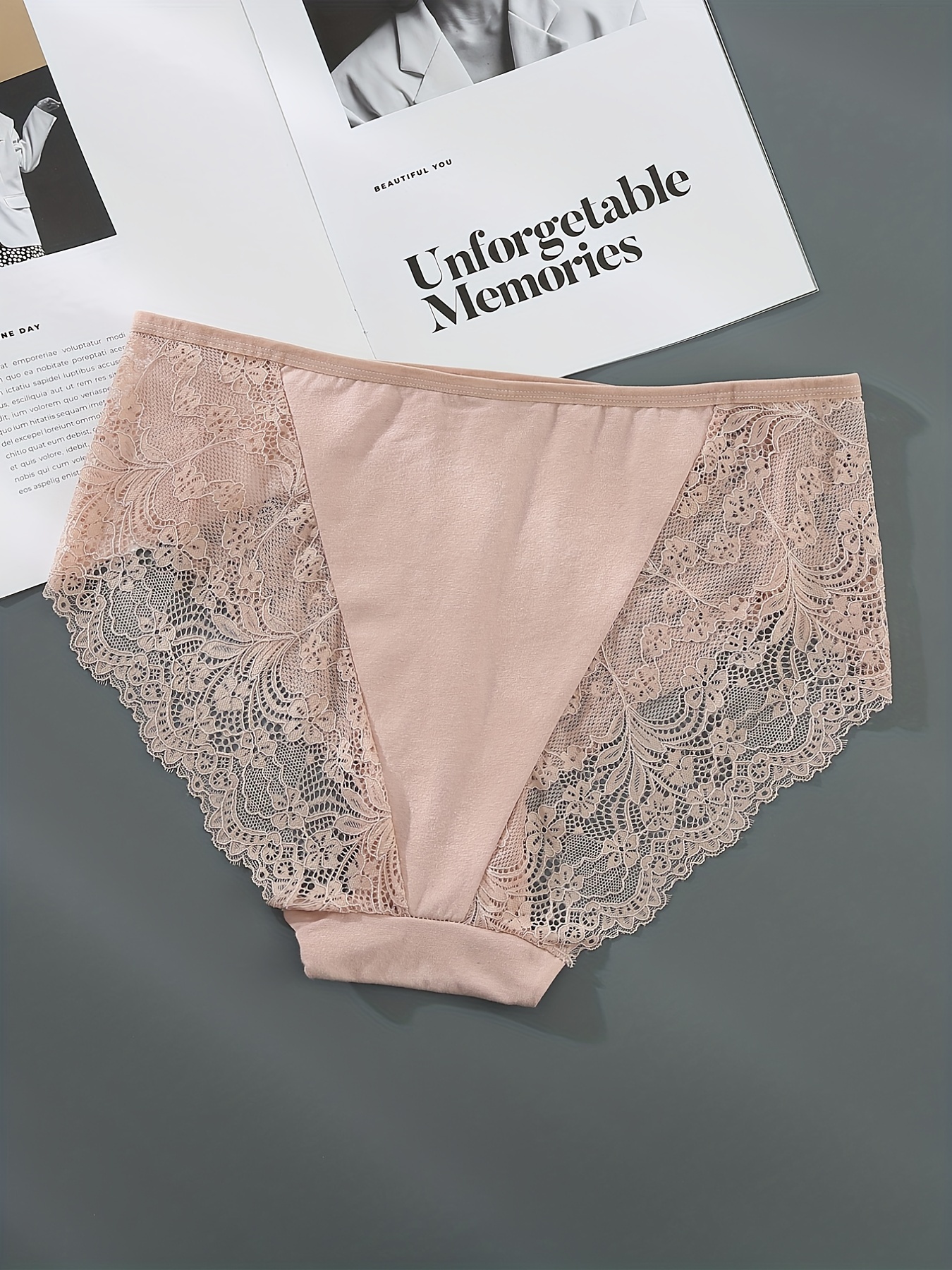 Plus Size Solid Floral Jacquard Contrast Lace Panties - Temu