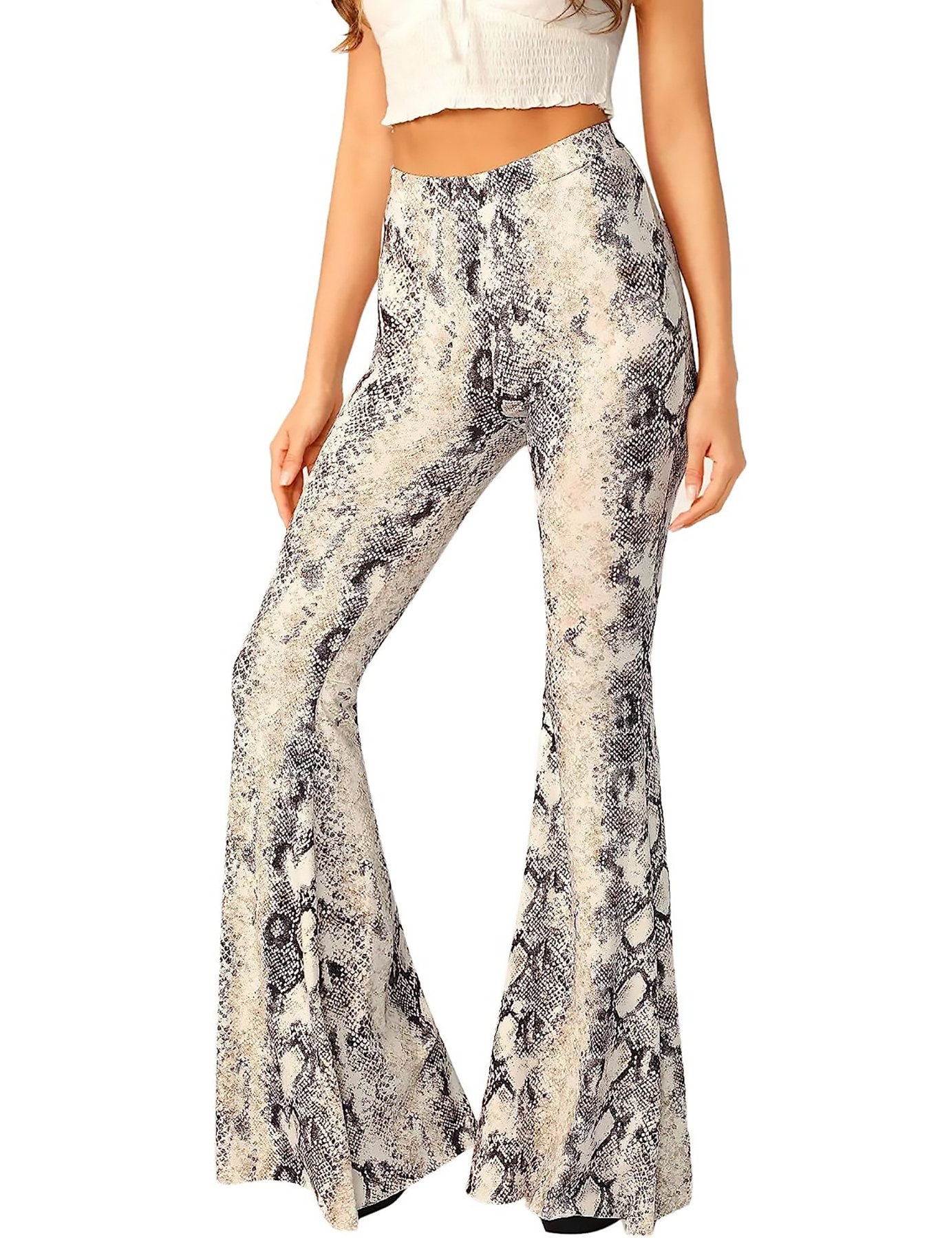 Crocodile Print High Waist Pants Casual Flare Leg Pants - Temu Canada